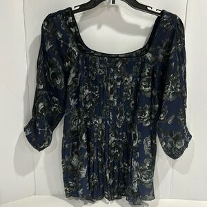 LOFT Square Neck Front & Back Pleated Navy Gray Black Floral Short Sleeve Shirt
